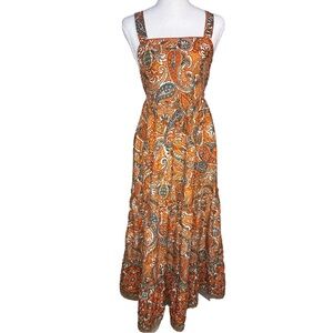 Free People Paisley Boho Tiered Maxi Dress with Button Bodice